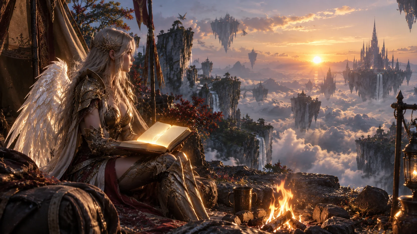 A Daeva reading a glowing journal at a dawn camp while waiting for Duties to unlock in AION 2