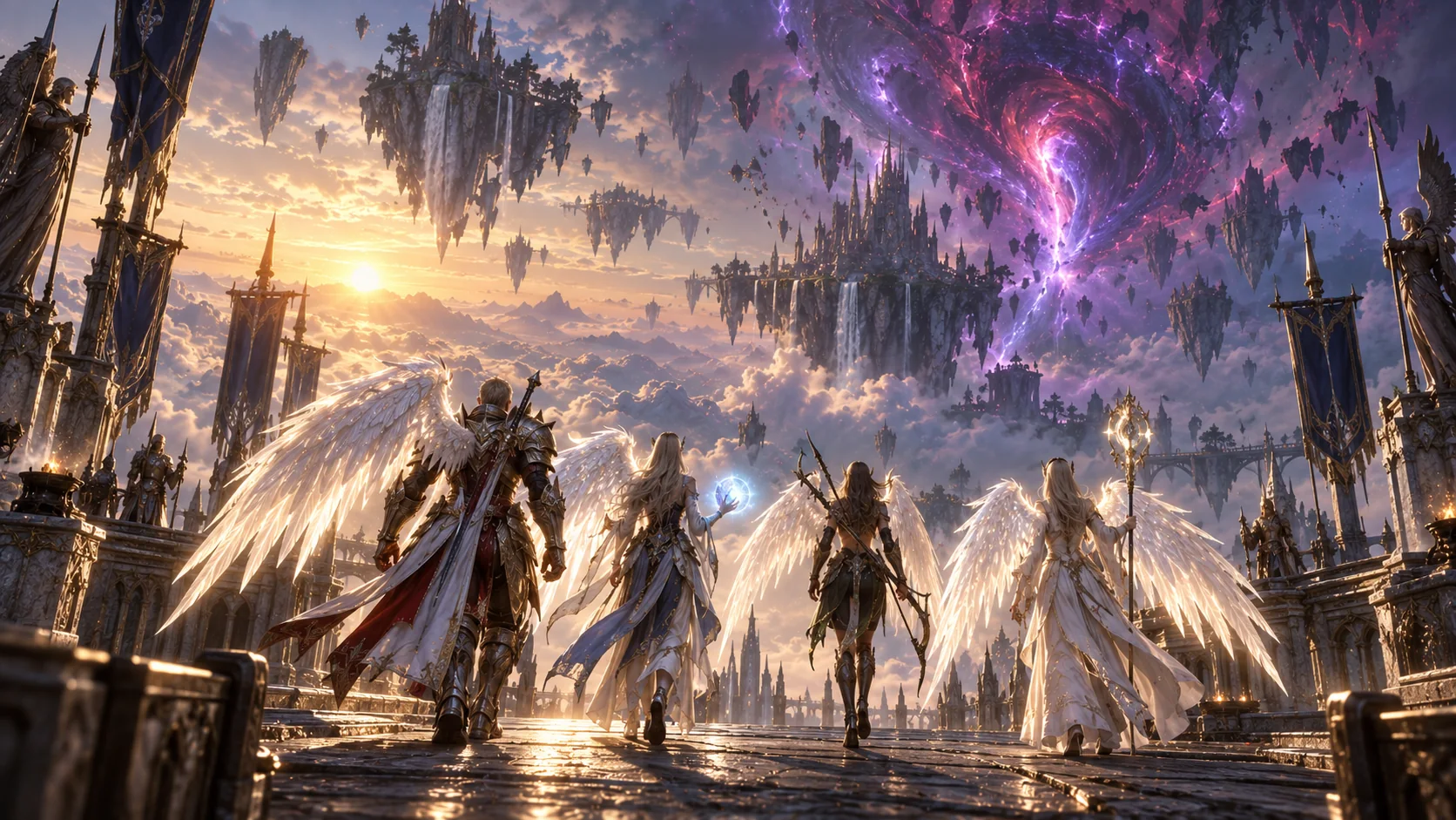 A party of four Daevas heading toward an Abyss rift in AION 2