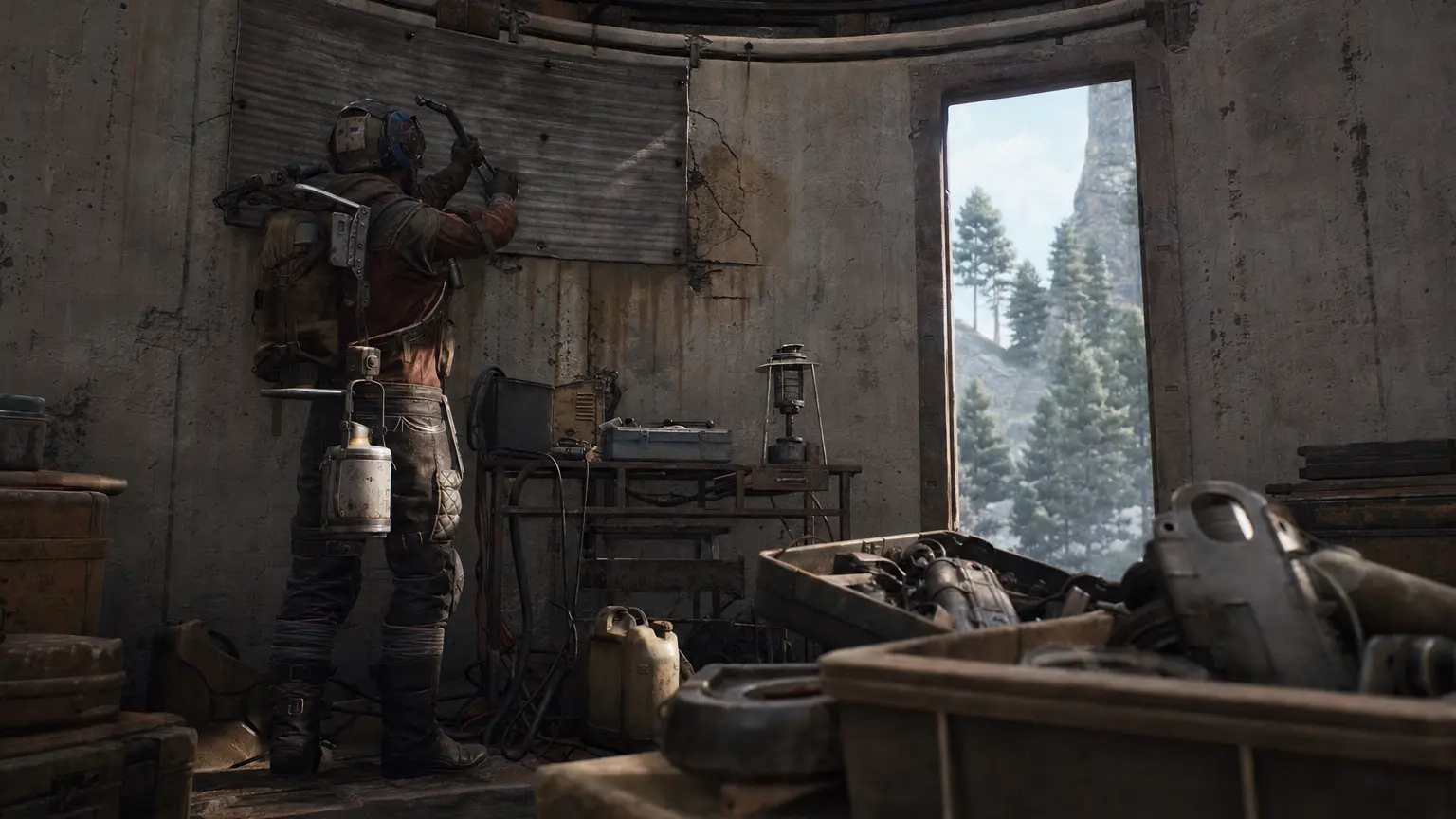 Raider repairing the inside of the ARC Raiders Outpost tower at a workbench