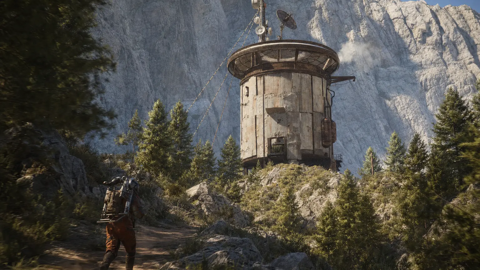 ARC Raiders Outpost tower on a mountainside with a raider walking up the path