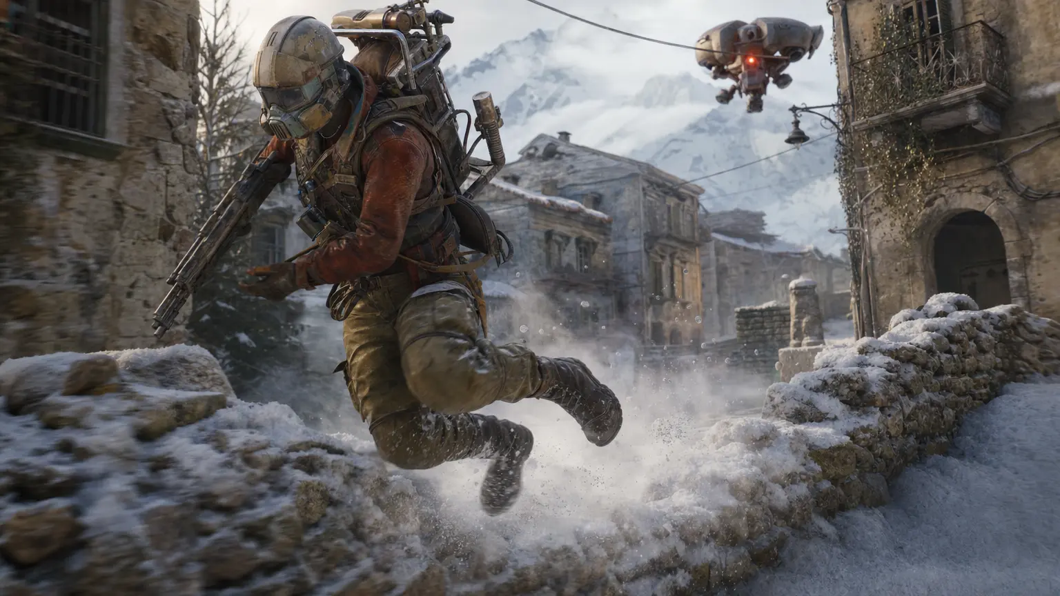 ARC Raiders raider vaulting a snowy wall while a drone gives chase