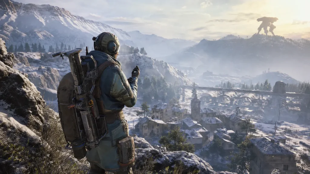 ARC Raiders raider on a snowy overlook above a frozen valley at dawn