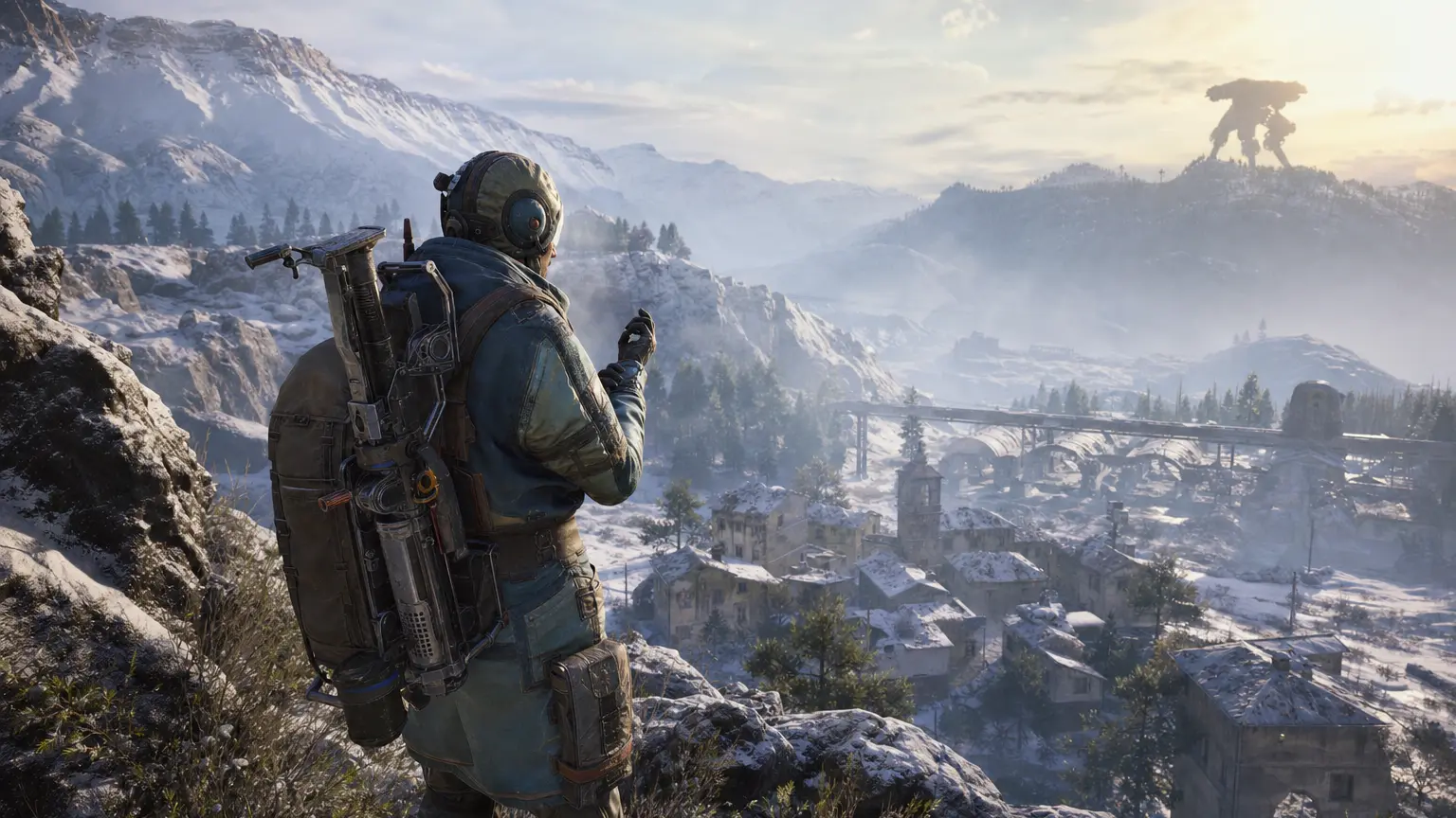 ARC Raiders raider on a snowy overlook above a frozen valley at dawn