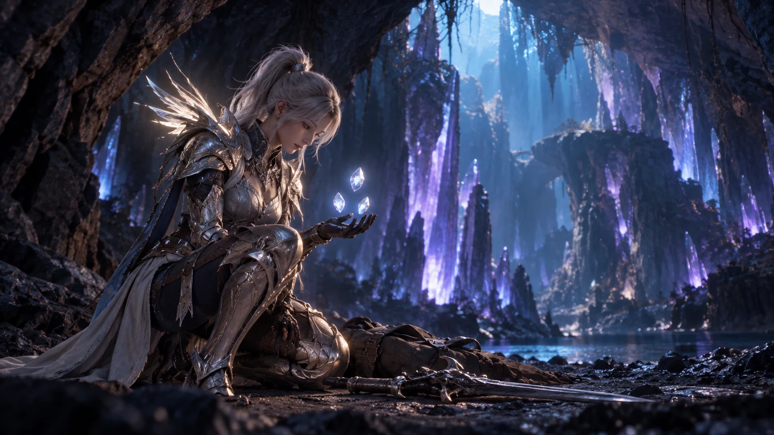 AION 2 Daeva kneeling at a crystal cave entrance with three glowing spirit stones in her hand