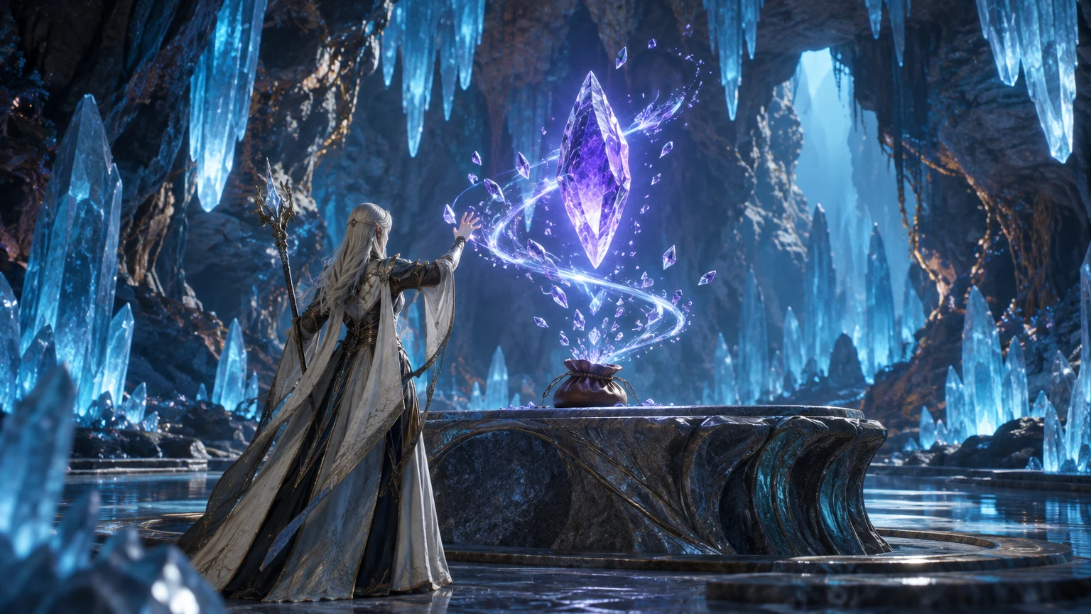 AION 2 mage fusing glowing fragments into one violet crystal above a stone altar