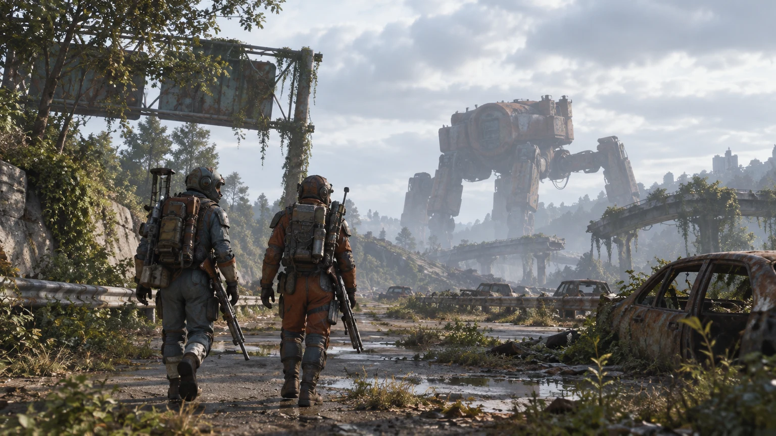 Two ARC Raiders scavengers walking a ruined highway toward an ARC machine