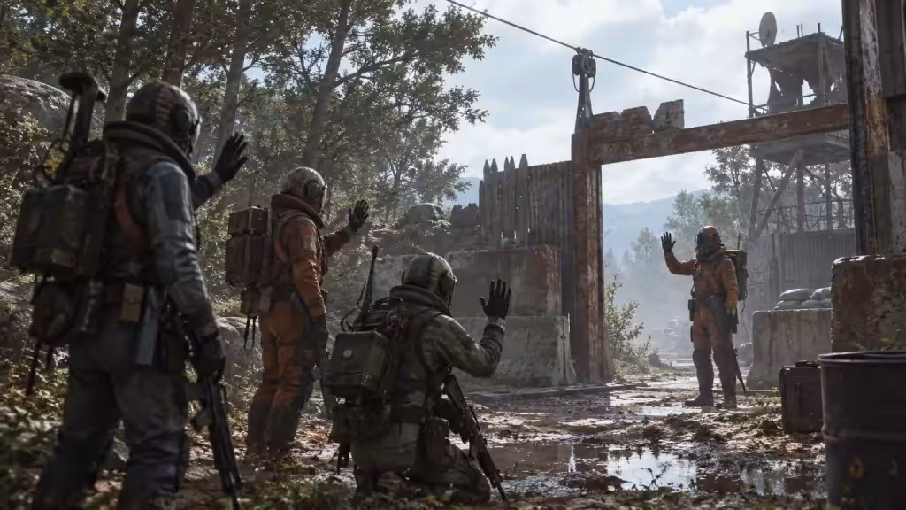Raiders greeting each other at a checkpoint gate in a PvE session