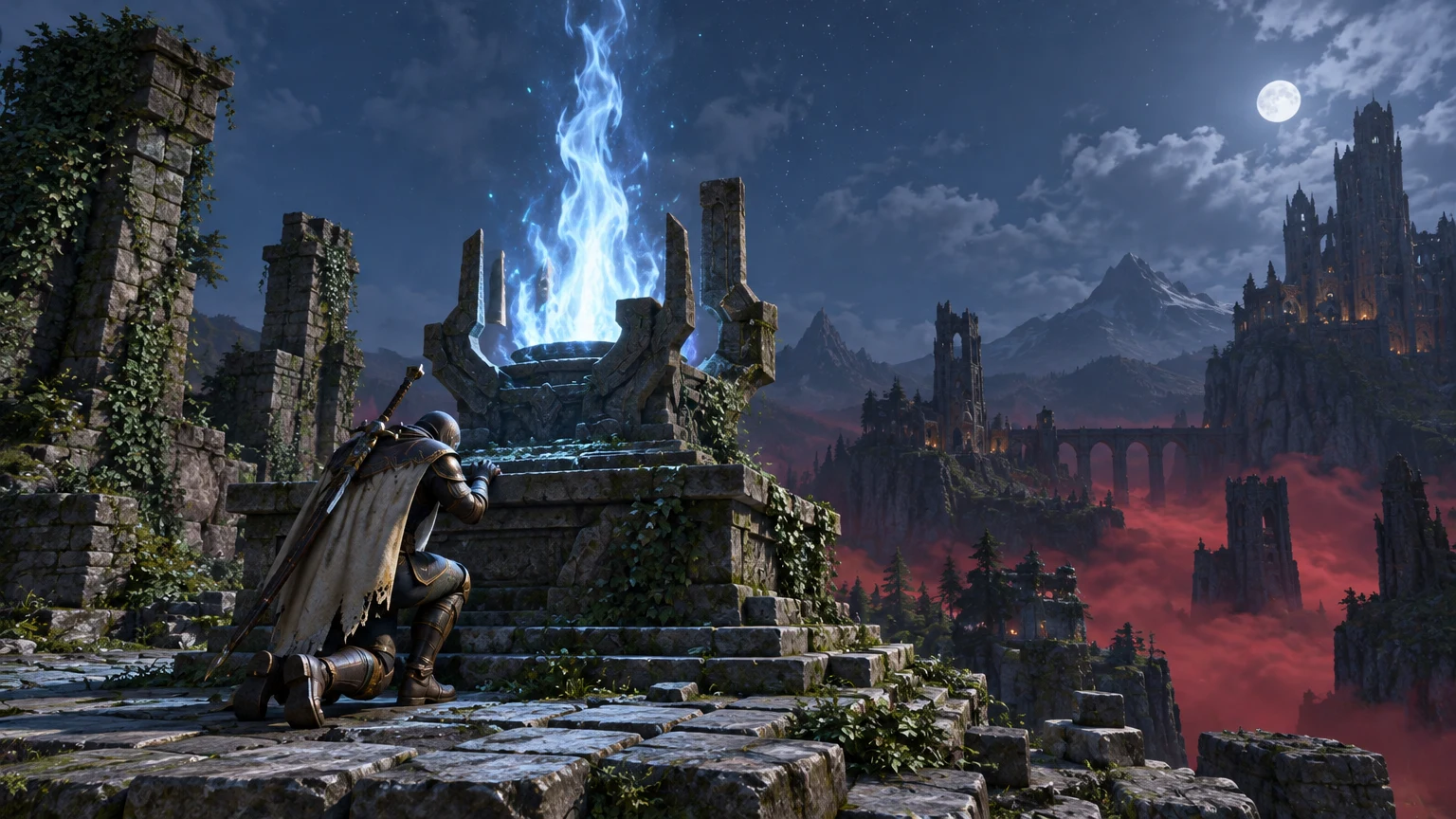 Adventurer kneeling at an Enshrouded Flame Altar as its flame rises into the night sky