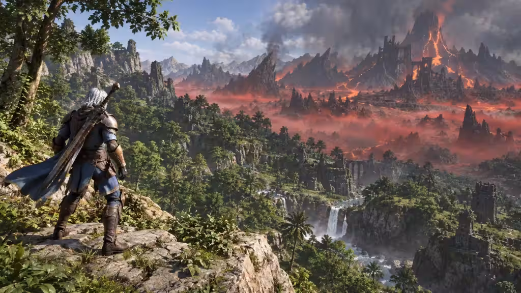 Adventurer looking toward a volcanic biome beyond the Shroud in Enshrouded