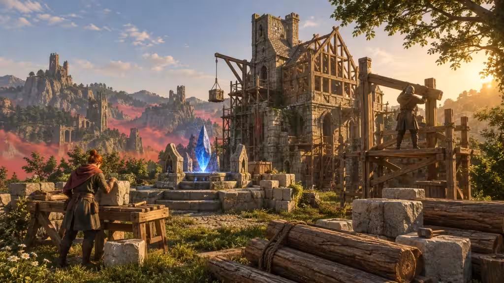Builders raising a timber-and-stone manor around a Flame Altar in Enshrouded