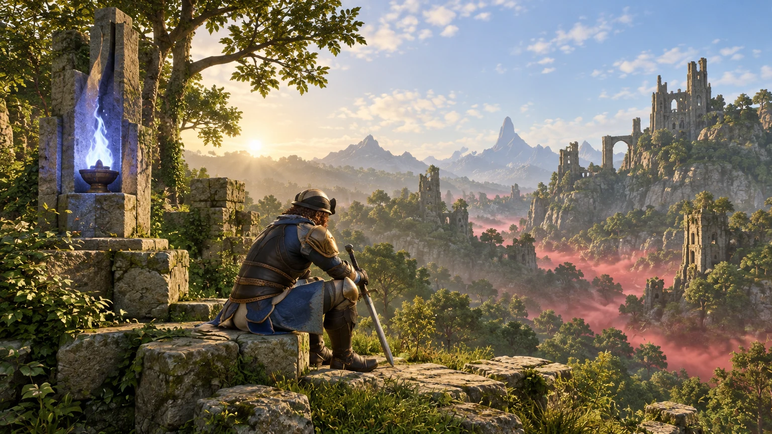 Enshrouded adventurer resting beside a Flame shrine above a fog-filled valley