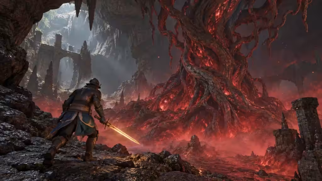 Adventurer approaching a glowing Shroud Root in an Enshrouded cavern