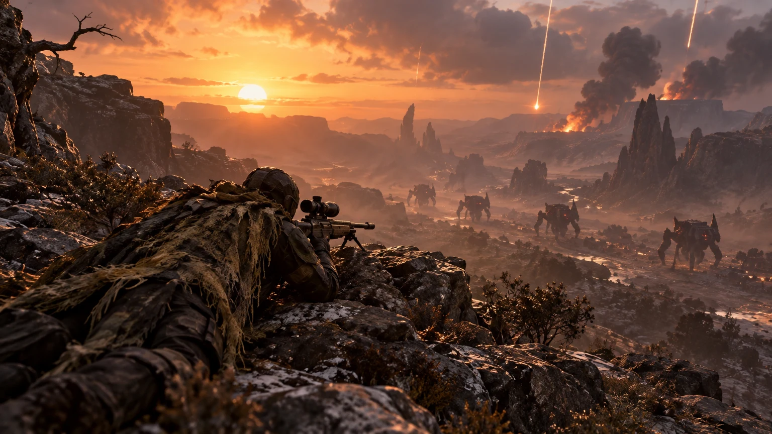 Helldiver in a ghillie-style armor and mesh cape prone with a sniper rifle on a ridge at dusk