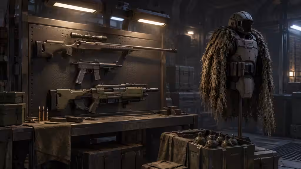 Scope of Authority weapons and ghillie armor laid out in a Helldivers 2 ship armory