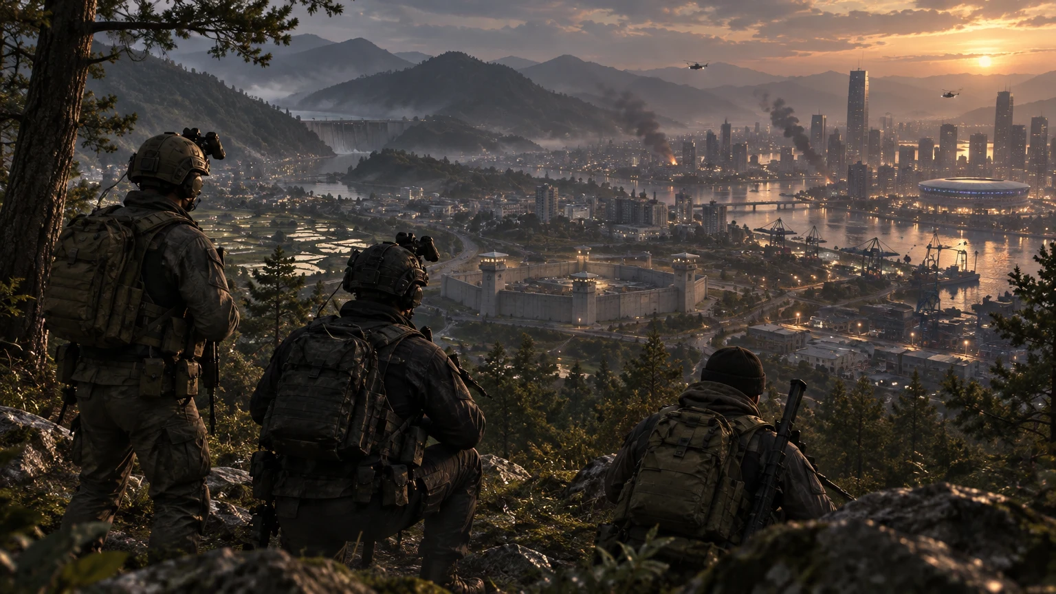 Squad on a ridge overlooking Hajin: city, stadium, prison fortress and paddies, MW4 DMZ