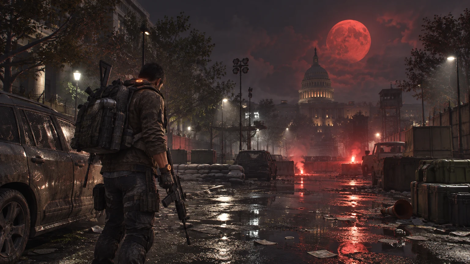 Division agent on a flooded Washington avenue under a blood-red moon