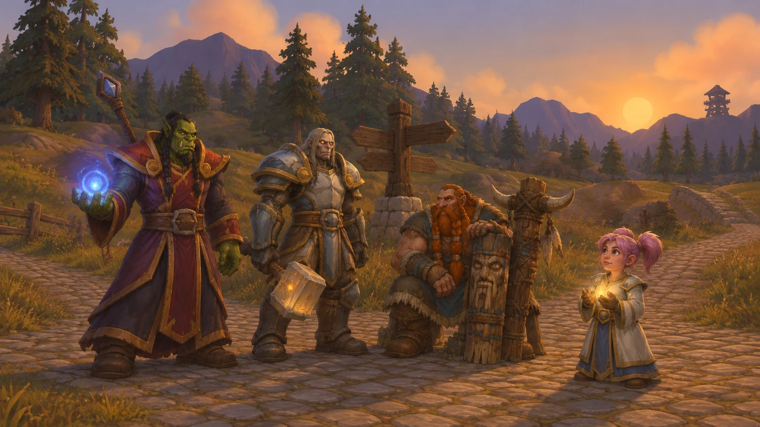 Orc mage, undead paladin, dwarf shaman and gnome priest at a crossroads in WoW Forever