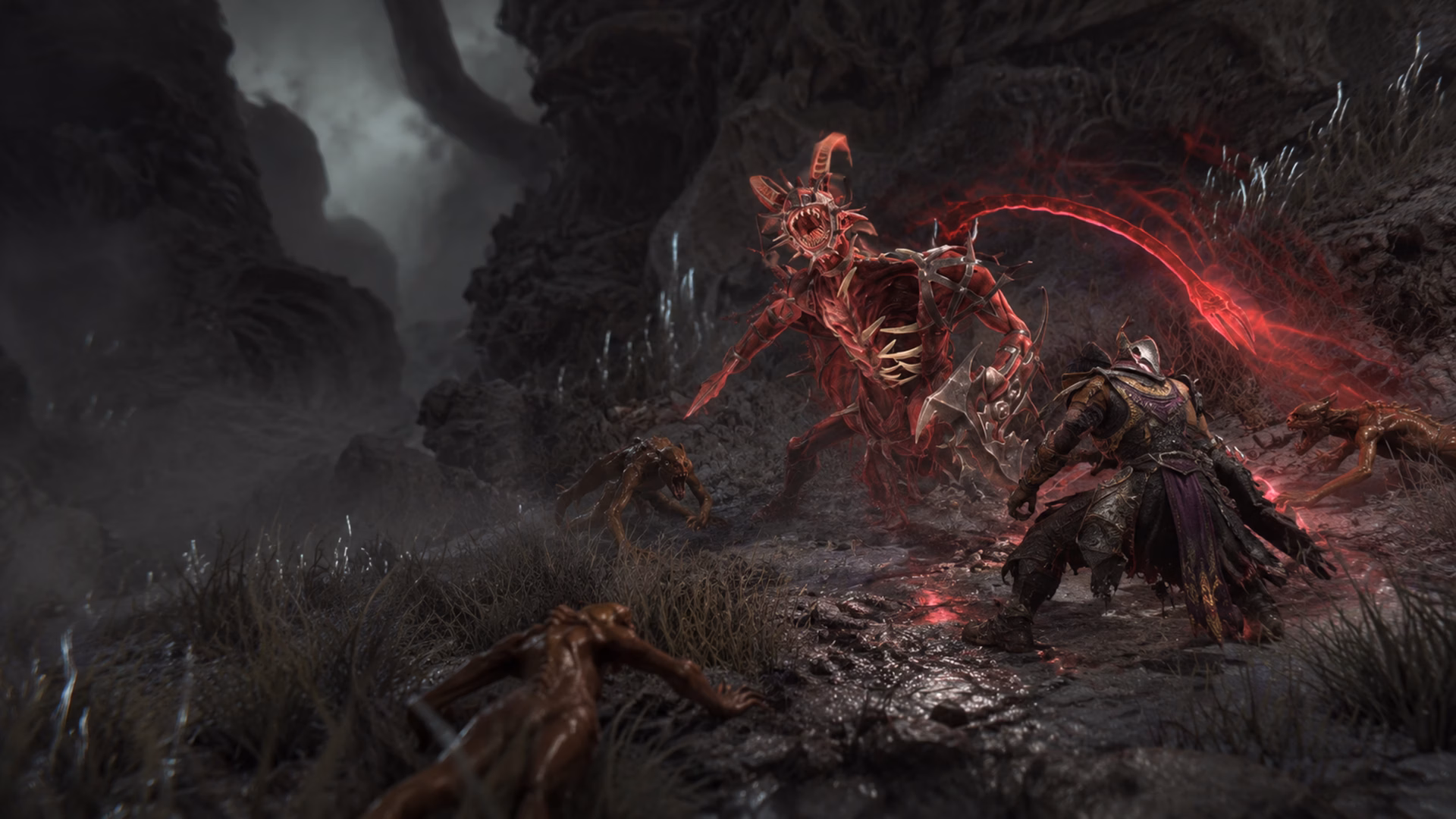 An armored adventurer confronts a red demon in the dark rocky Echoing Hatred arena.