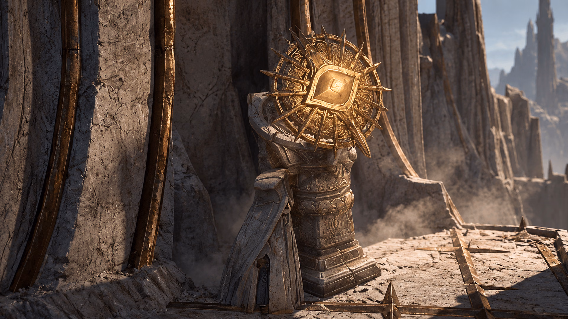 A golden Sightless Eye relic on its carved stone pedestal beside the temple wall in Temis.