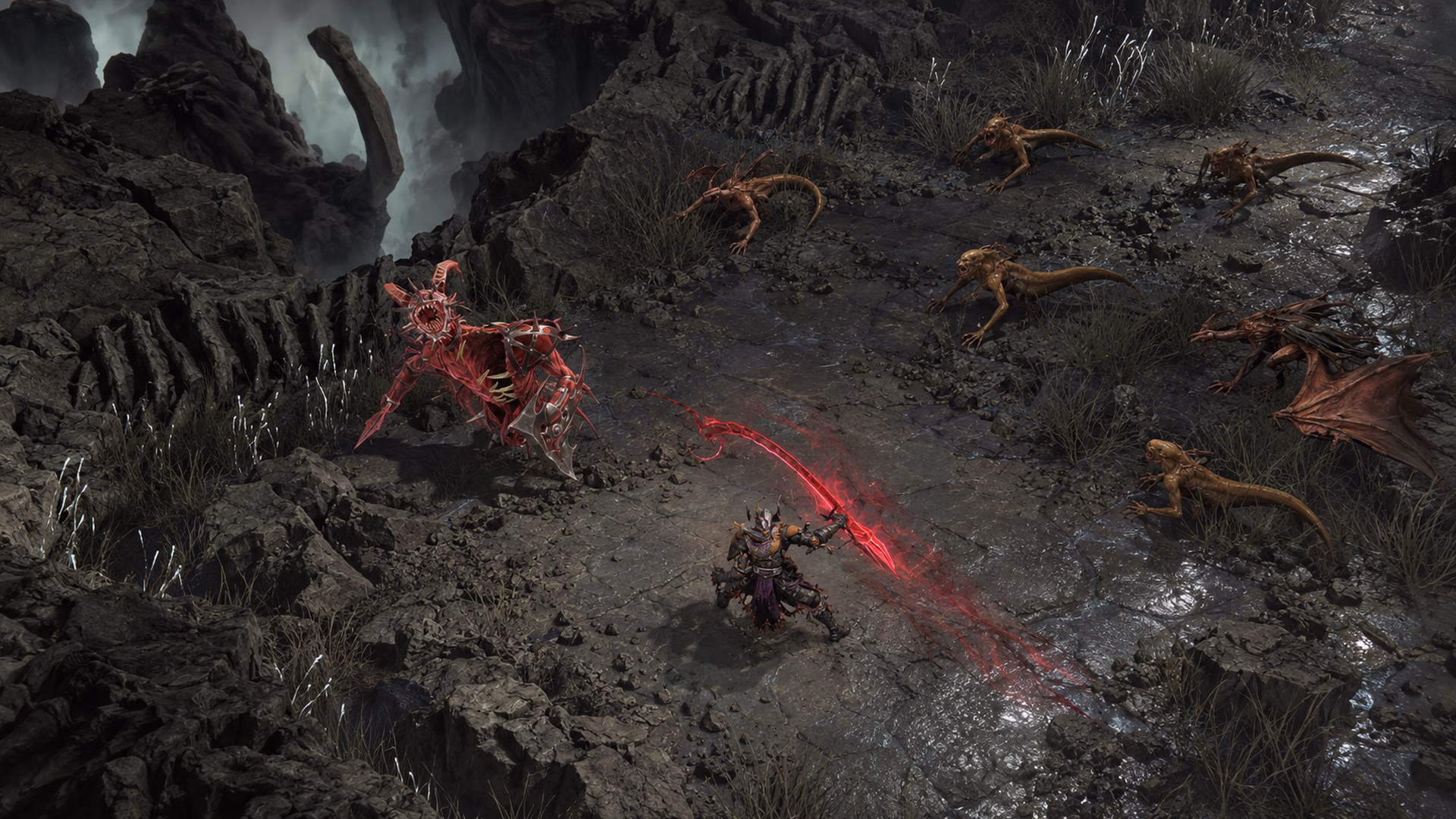 An elevated view of an adventurer facing demons across the rocky Echoing Hatred arena.