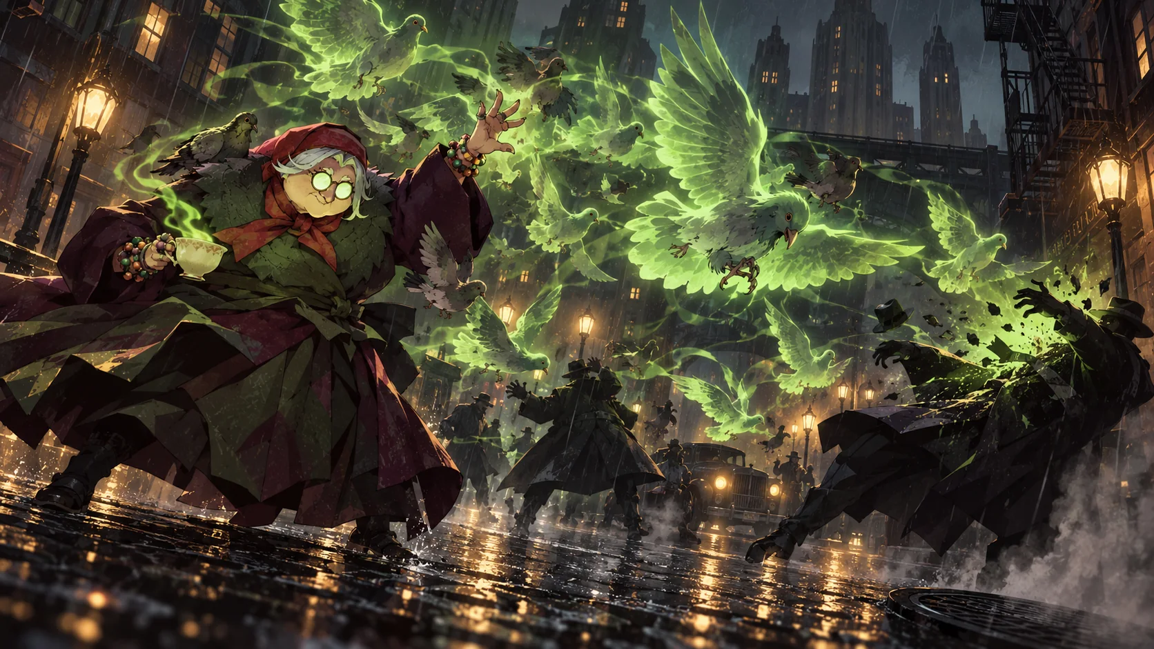 Baba commanding a swarm of ghostly green pigeons in a rainy New York street fight in Deadlock