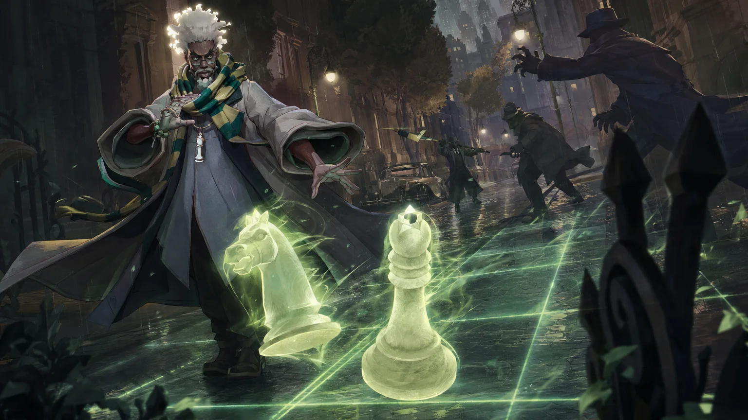Solomon sliding glowing bishop and knight pieces down a rainy street at enemies in Deadlock
