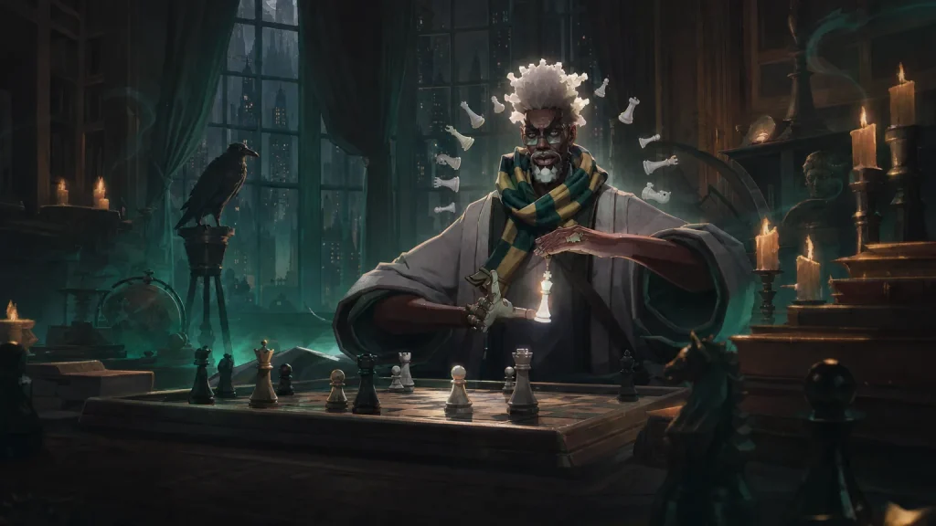 Solomon, the Deadlock chess-master hero, at a chessboard in a candle-lit study with floating chess pieces