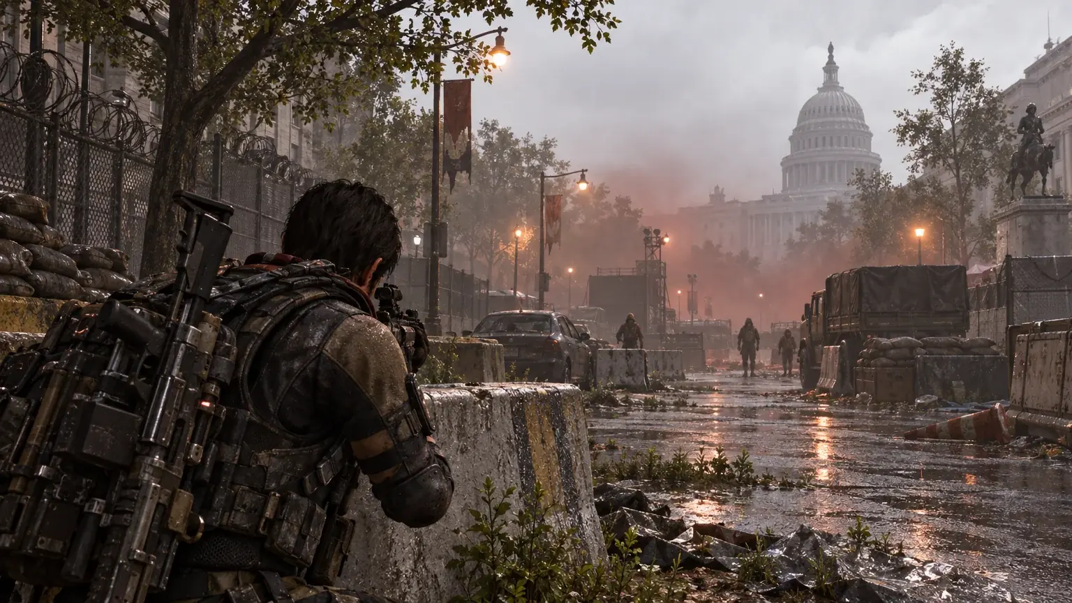 Armored agent crouches behind concrete barrier on wet D.C. street under stormy reddish sky near Capitol dome.