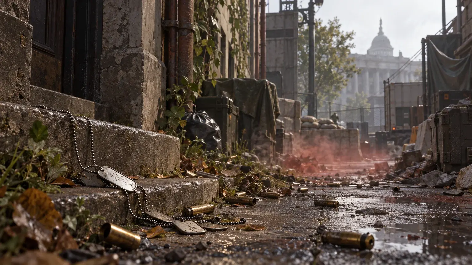 Debris-strewn alley with dropped dog tags and bullet casings near a hazy monument skyline.