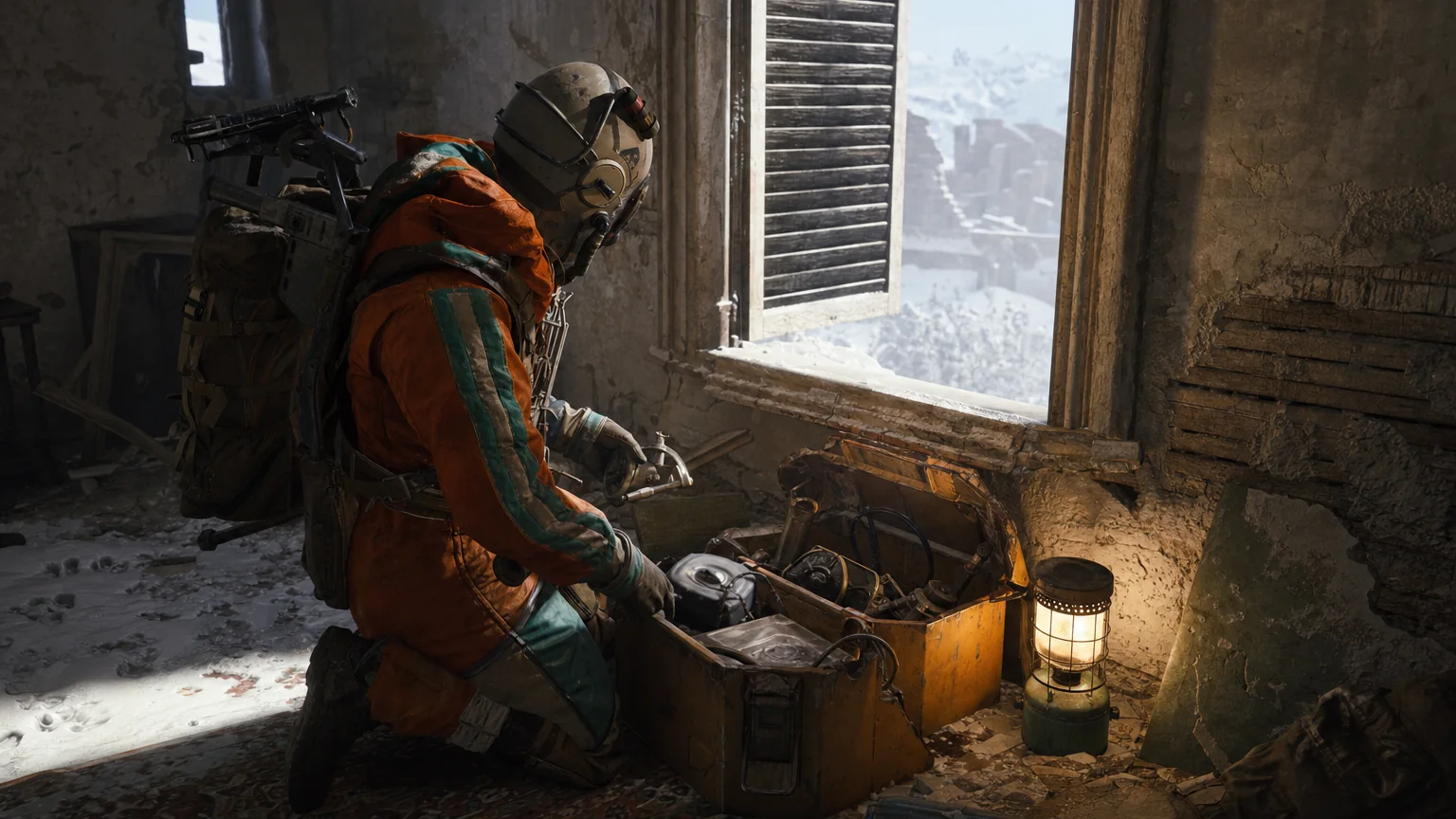 An ARC Raiders raider sorting salvage from a loot crate in a snow-dusted Italian house