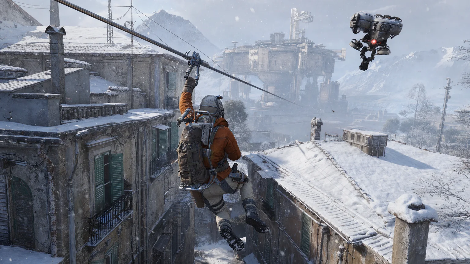 An ARC Raiders raider swinging between snowy rooftops on the new Grappling Hook