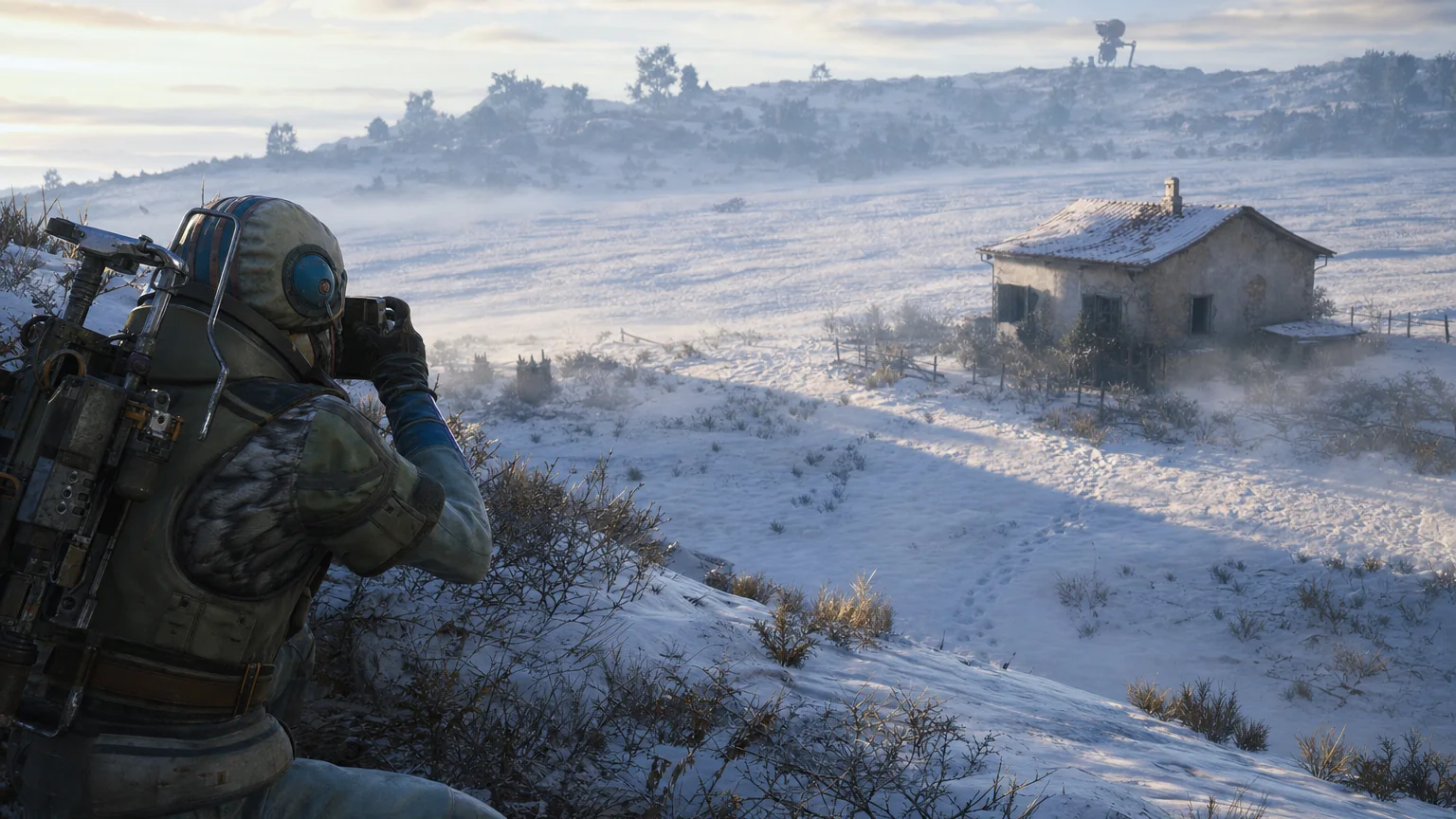 An ARC Raiders raider photographing a farmland house in the snow for the Outpost quest