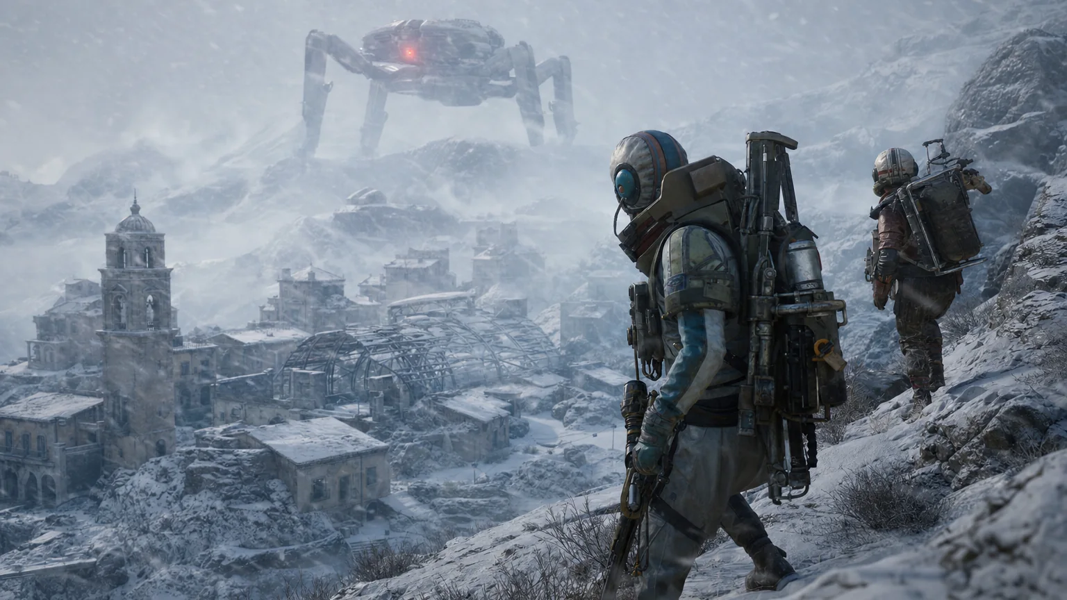 Two ARC Raiders trek a snowy mountain pass above an old Italian village as a giant ARC machine looms in the blizzard, Frozen Trail