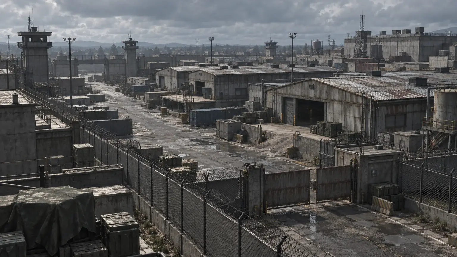A large fenced military-industrial complex with warehouses, crates, and guard towers under cloudy sky.