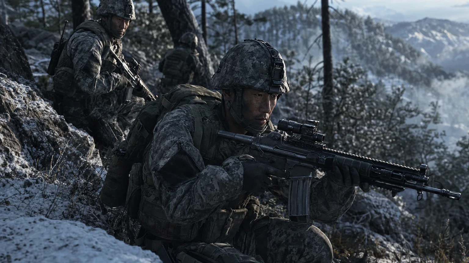 A South Korean army squad advancing through a snowy pine ridge in the MW4 campaign