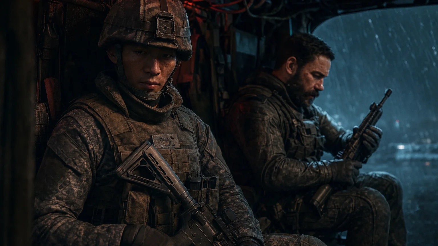 A South Korean soldier and a British captain inside a transport helicopter before a night mission in MW4