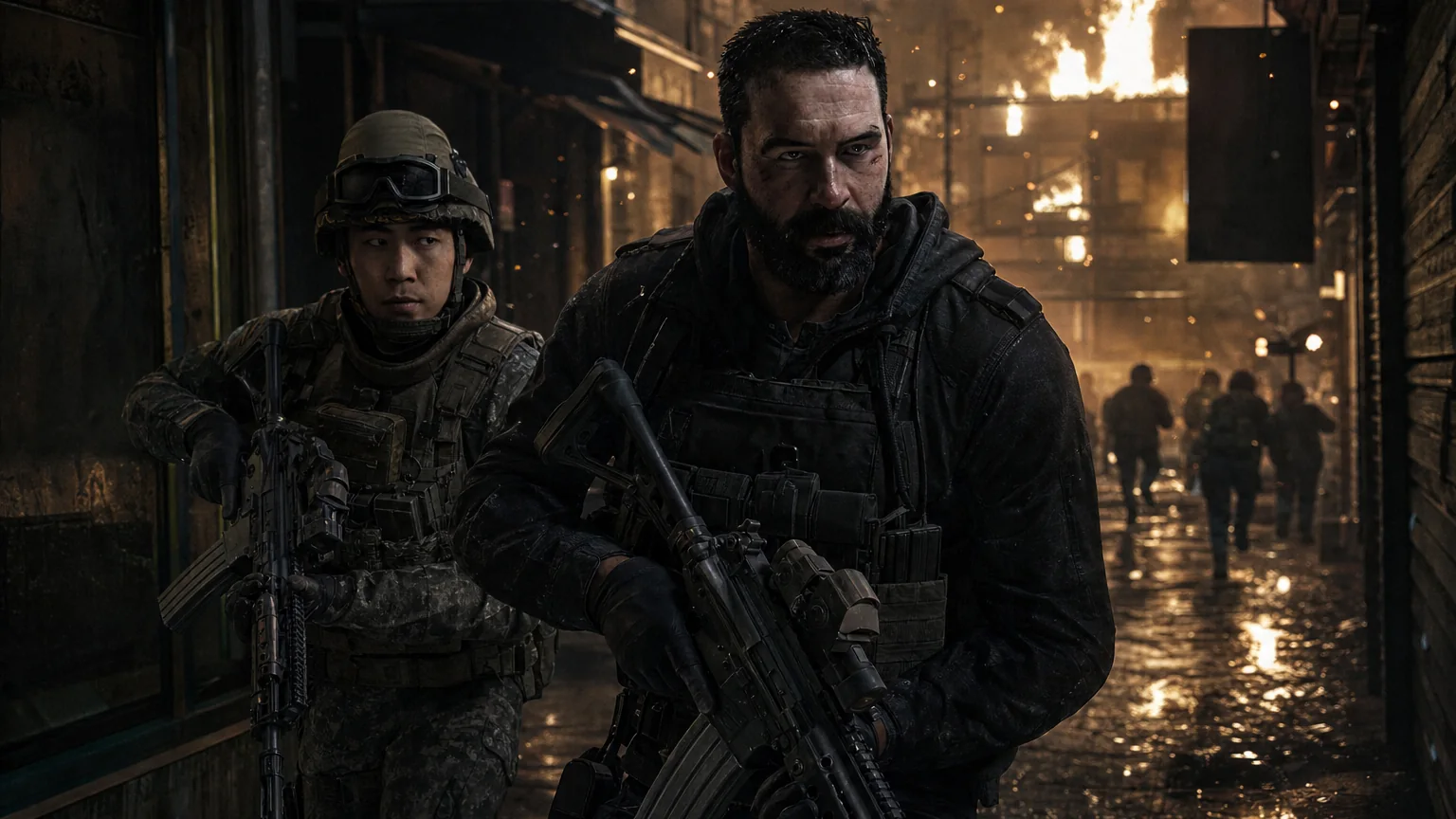 A bearded British captain and a South Korean soldier move down a burning city alley at night in the MW4 campaign