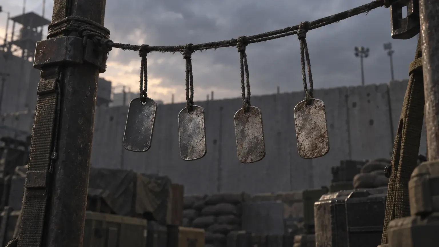 Four weathered blank dog tags dangle from a rope, concrete wall and crates behind.