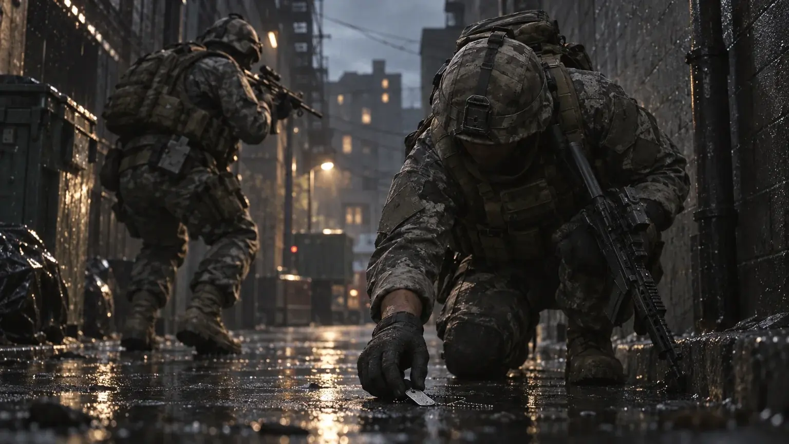 Two camouflaged operators crouch in a wet, dim alley at dusk, one reaching toward the ground.