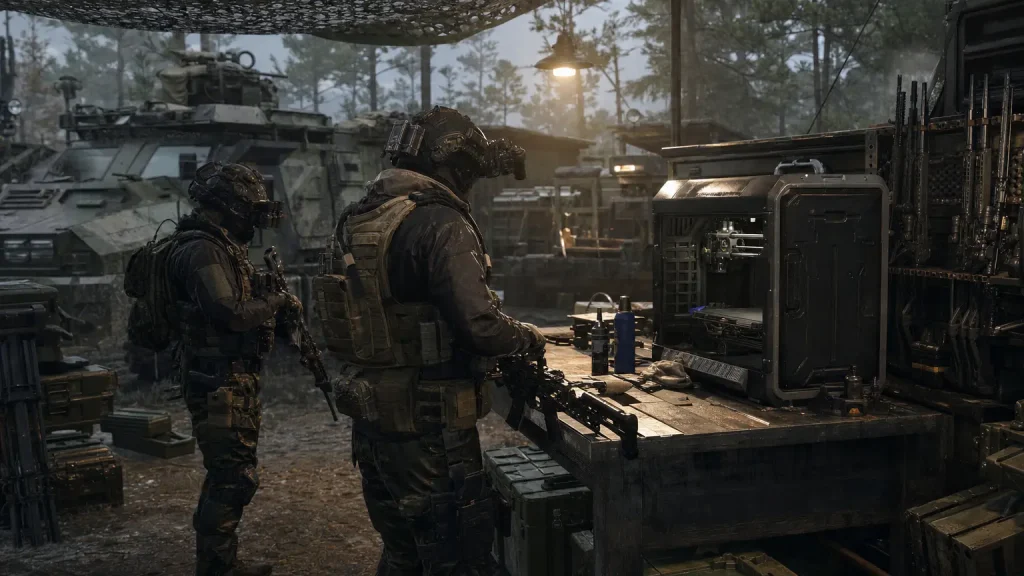 Operators preparing gear at the DMZ forward operating base with a 3D printer