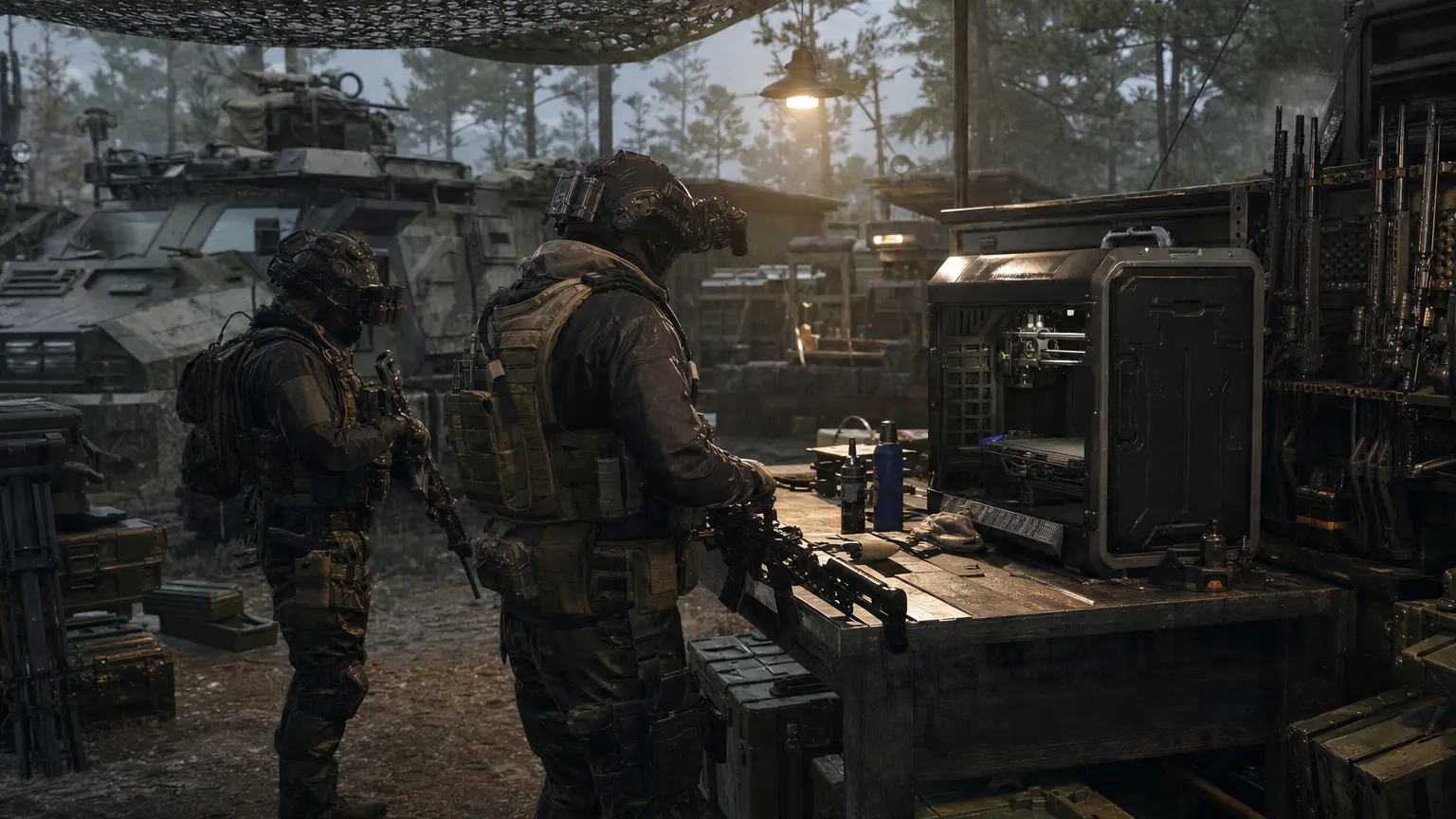 Two operators in camouflage gear stand inside a staging tent, one using a radio.