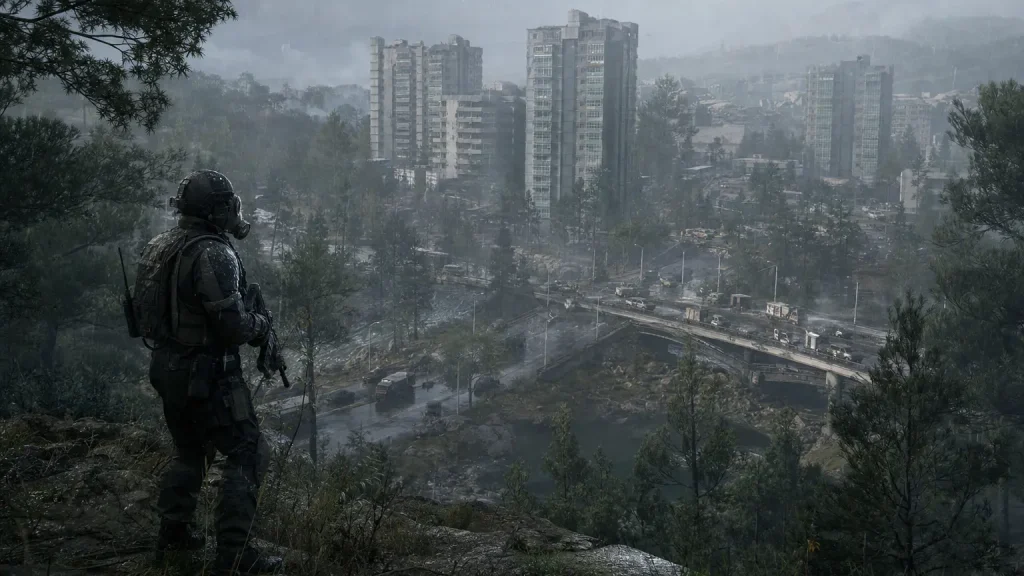 Operator overlooking the abandoned Hajin exclusion zone in MW4 DMZ