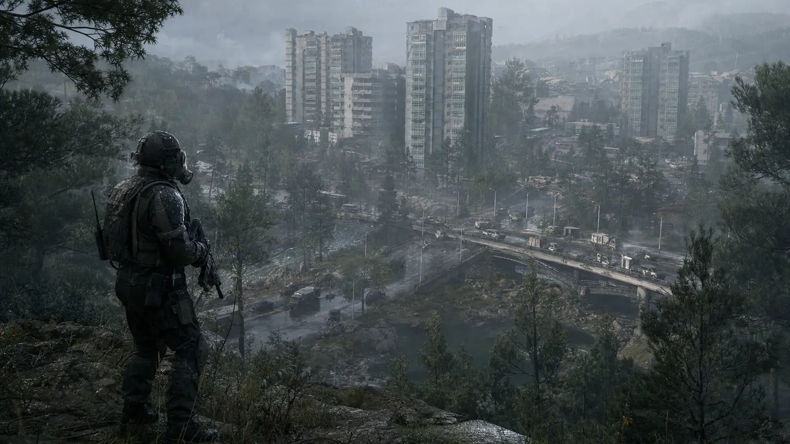 Devastated urban ruins with collapsed overpass, wrecked vehicles, and distant fires under smoky dusk sky.