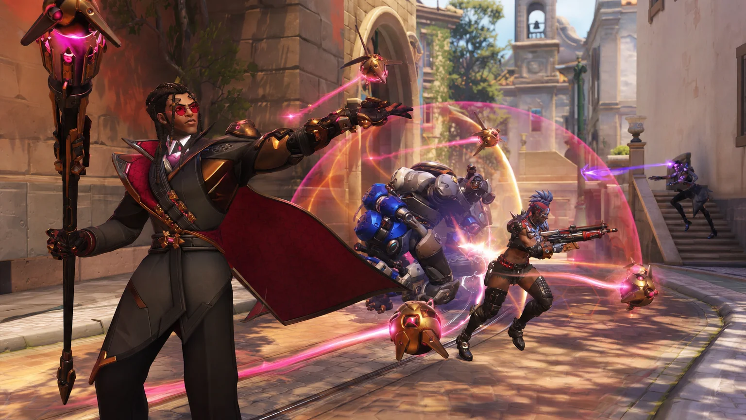 Doctrine healing and shielding allies with his crimson drones in an Overwatch team fight