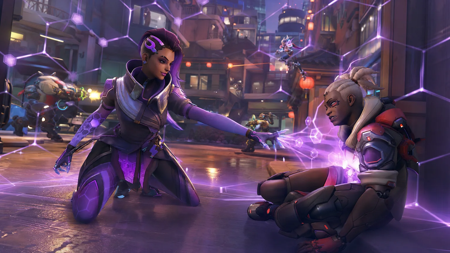 Sombra as a Support healing an ally with purple hexagon light in Overwatch Season 5