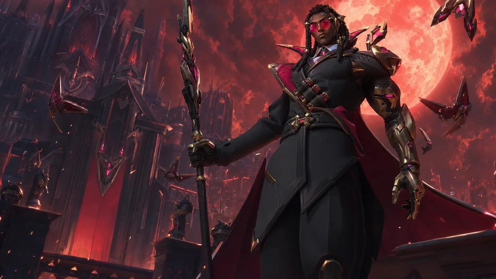 Doctrine, the new Overwatch Support hero, on a Talon fortress under a blood moon, Season 5 A Grim Doctrine
