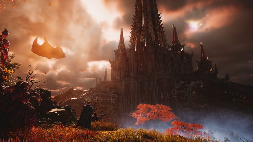 A gothic fortress under an orange sky in AION 2