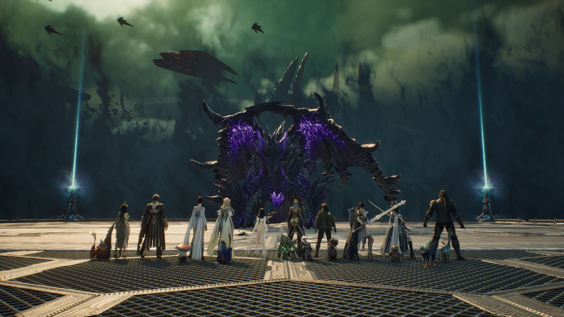 A group of AION 2 characters of different classes standing in a line on a stone platform, facing a huge dark winged creature under a green sky.