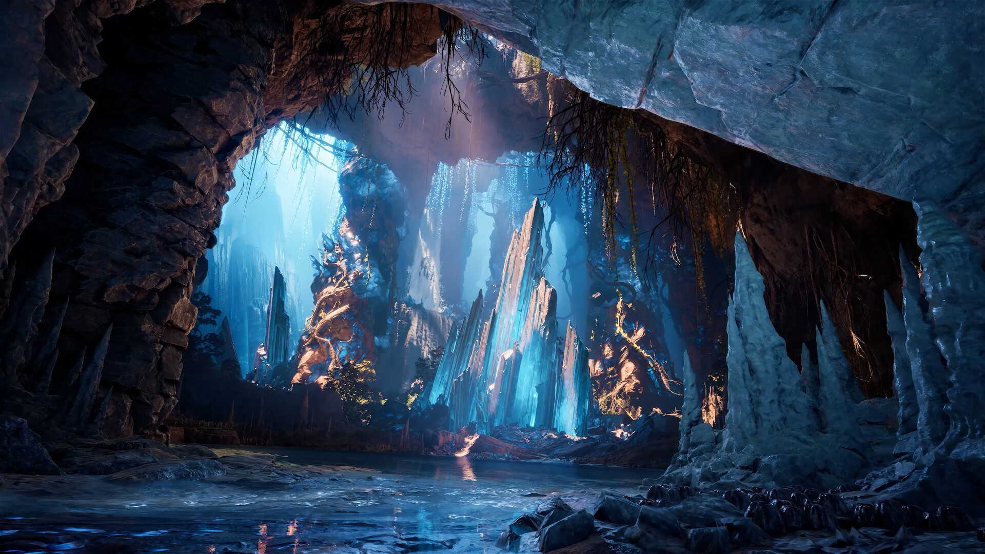 A vast AION 2 cave of glowing blue crystal pillars and stalactites reflected in still water.