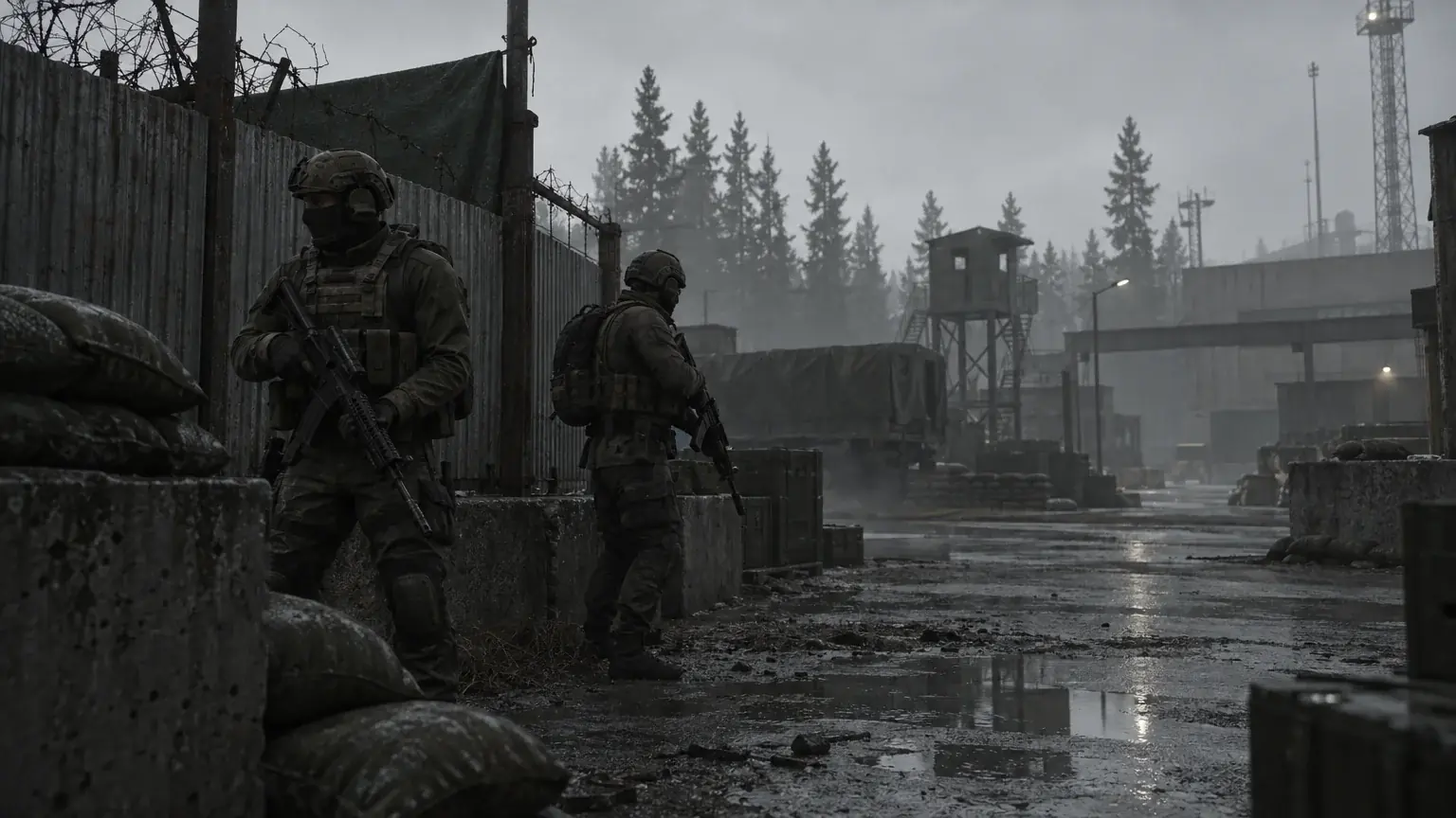 Two armed PMC figures take cover near sandbags beside a checkpoint tower in fog.